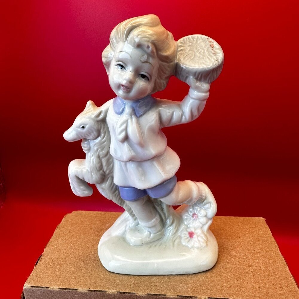 VTG PORCELAIN BOY WITH GOAT & FLOWERS FIGURINE BY LEGO JAPAN TALL 5 in